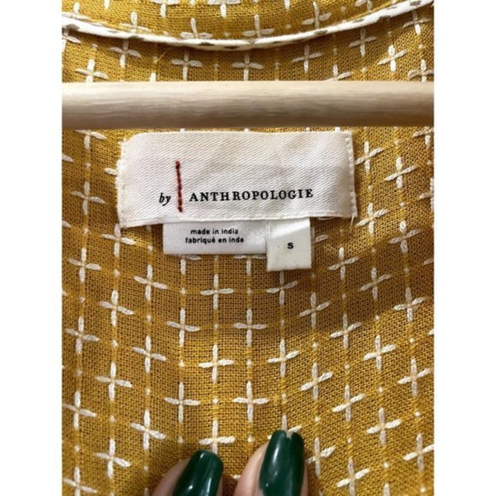 By Anthropologie Mustard Embroidered Stitch Back Button High Low L/S Shirt Small - Picture 3 of 4